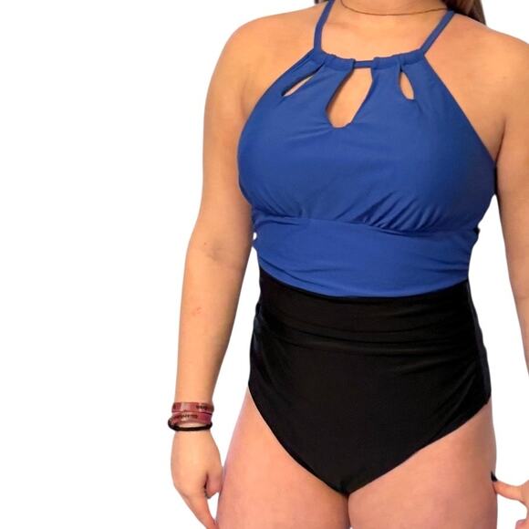 NEW Cupshe SWIMSUIT Women's LG Blue & Black High Neck Cut-Out One Piece Swimsuit - Picture 2 of 11